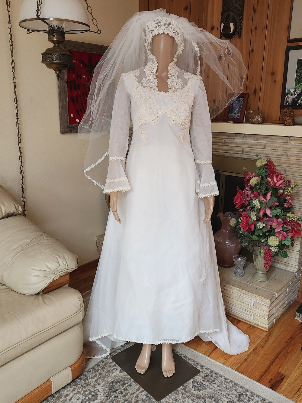Vintage 70s Boho-Victorian Wedding Gown & Pearl Veil Set 